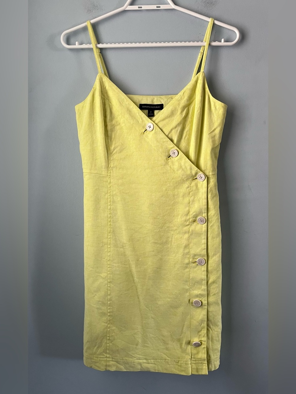 Banana Republic Lemon-Yellow Linen-Cotton Button-Front Wrap Mini Dress Size 2